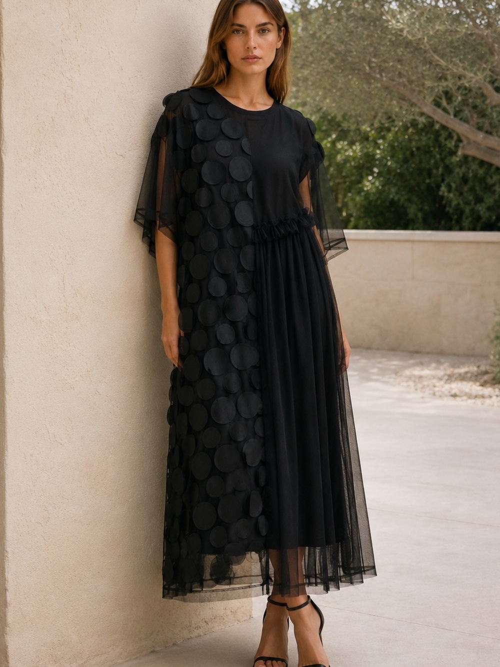 Ji Ji Jia NWT Black Tulle Appliqué Statement Party Dress With Asymmetric Overlay